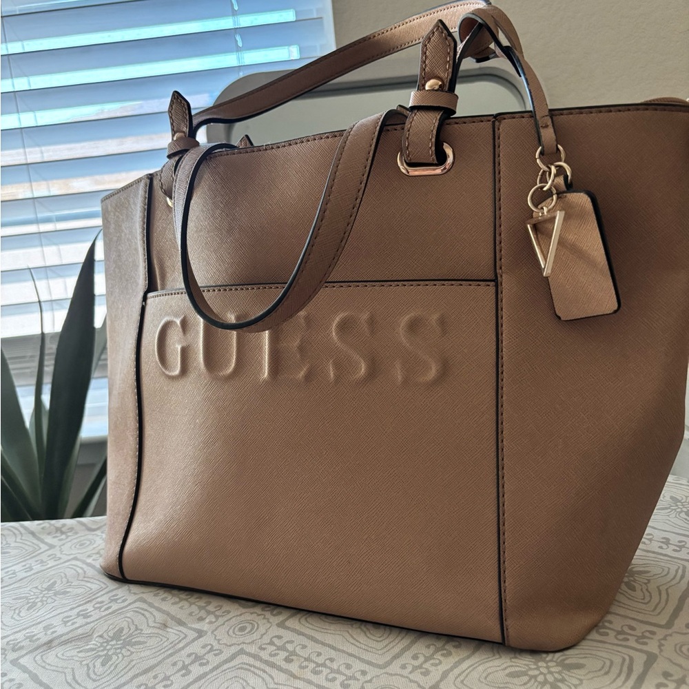 GUESS Brown Tote Bag with Embossed Logo